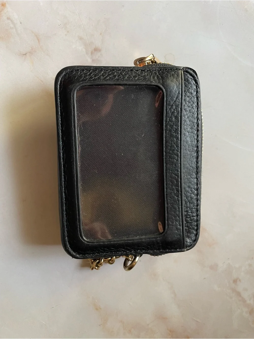 Coach Black Pebbled Leather Zip Card Holder with Gold Chain Accent